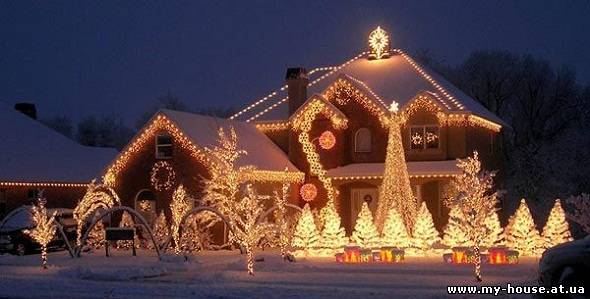 Новогоднее украшение  фасадов зданий домов ресторанов азс  котеджей